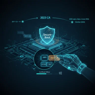 Futuristic Secure Boot diagram highlighting 2023 CA and UEFI certificate rollout.