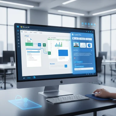 An iMac shows a workflow diagram and chat panel in a modern, open-plan office.