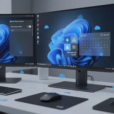 Two widescreen monitors show Windows 11 with Microsoft 365 Copilot and calendar widgets.