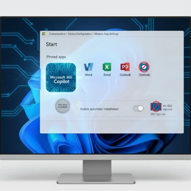 A monitor showing a Start menu with pinned apps (Word, Excel, Outlook) and Copilot.