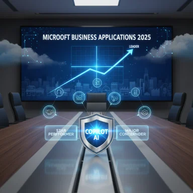 Futuristic boardroom with Copilot AI shield and a leader graph for Microsoft Business Applications 2025.