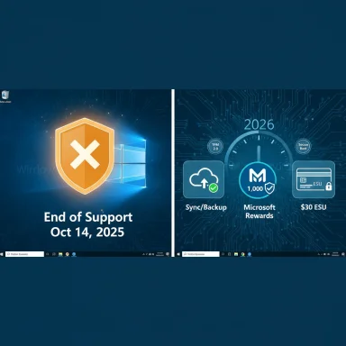 Split-screen wallpaper showing End of Support (Oct 14, 2025) on the left and rewards/backup/ESU icons on the right.