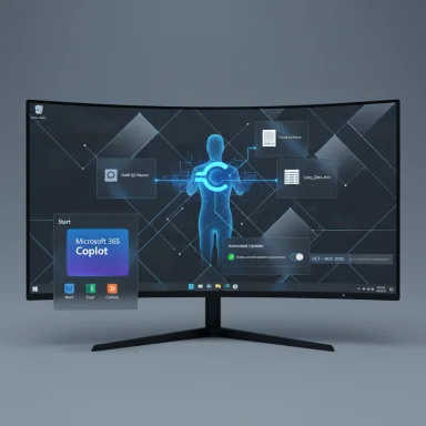 Curved monitor shows a futuristic AI dashboard with a blue holographic figure and Copilot tile.