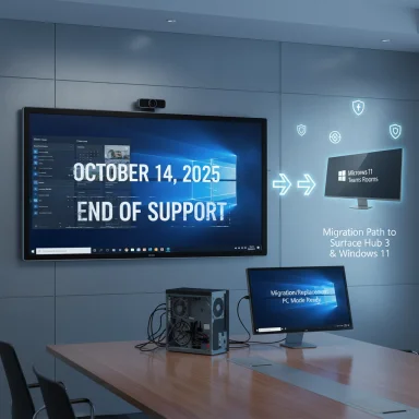 Conference room with large screen announcing Oct 14, 2025 end of support and migration to Surface Hub 3 & Windows 11.