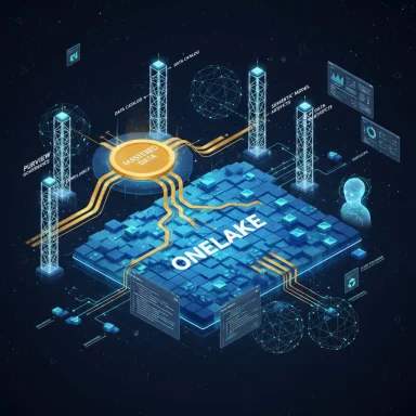 OneLake data lake with a Mastered Data hub and futuristic pipelines.
