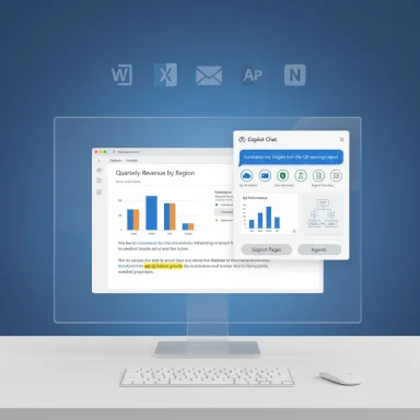 A desktop monitor on a white desk shows charts with a Copilot Chat window.