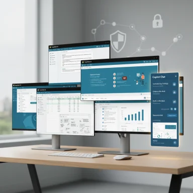 A multi-monitor desktop setup displays various analytics dashboards and charts.