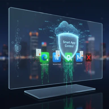 Futuristic transparent display showing 'Smart App Control' shielding apps with a glowing shield.