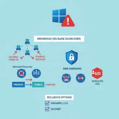 Windows security infographic on KB5065426 update, network sharing rules, SMB hardening, and rollback options.