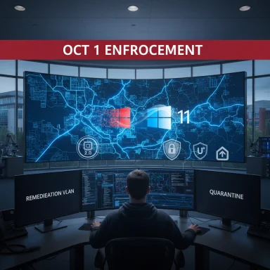 Security analyst monitors a giant digital map beneath an “OCT 1 ENFORCEMENT” banner.