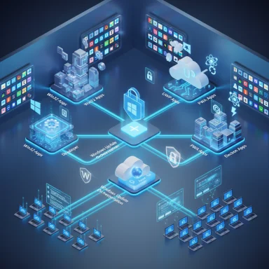 A futuristic cloud-based network connects Windows, PWA, and Electron apps with update orchestration.
