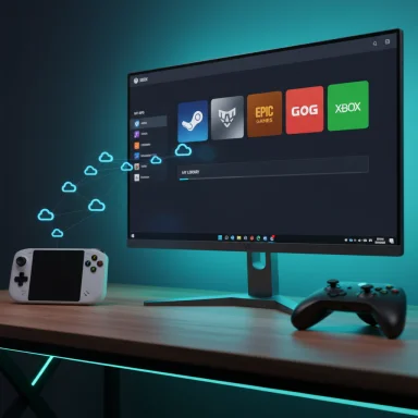 A gaming setup with a curved monitor displaying Xbox icons, plus a white handheld console and controllers.