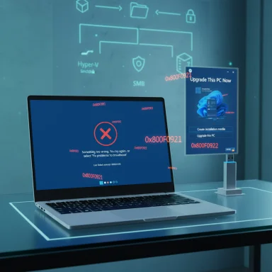 A laptop on a neon-lit desk shows a Windows error with a red X and code 0x800F0921.
