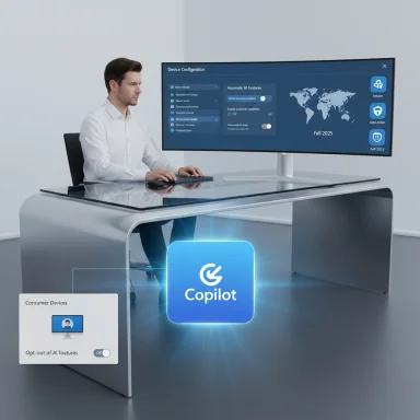 A man sits at a sleek, futuristic desk with a large monitor and a glowing Copilot AI icon.
