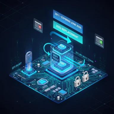 Futuristic isometric diagram of a secure boot chain and UEFI vault on a circuit board.
