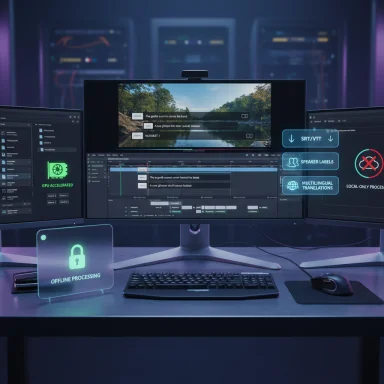 A futuristic video editing workstation with multiple monitors and holographic status panels.