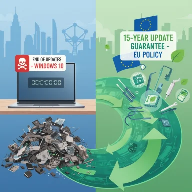 A split illustration: Windows 10 end of updates on the left, EU 15-year update guarantee policy on the right.