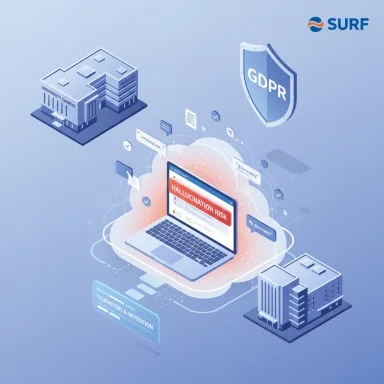 An isometric scene shows a laptop with Hallucination Risk amid a GDPR shield and data-network icons.