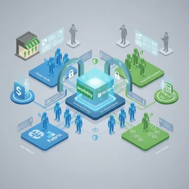 Isometric illustration of a central Workday AI platform linking Fabric, Core Centers, and Azure AI Foundry.