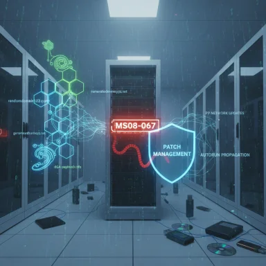 A futuristic data center with holographic cyber graphics and a shield labeled MS08-067 for patch management.