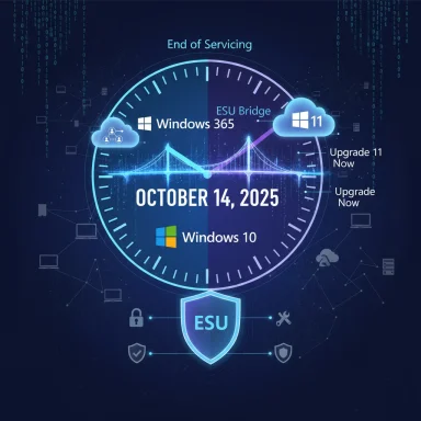 End of Servicing clock graphic for Windows 10, showing Oct 14, 2025 and upgrade options.