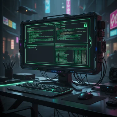 A futuristic cyberpunk desk setup with a neon-green code monitor, keyboard, and mouse.