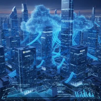 Futuristic city with a luminous blue cloud and neon data streams weaving through skyscrapers.