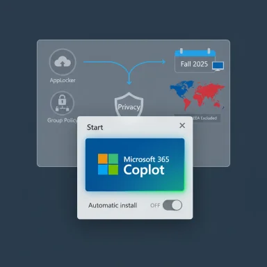 Startup window for Microsoft 365 Coplot with an Automatic Install toggle, over a privacy-focused deployment diagram.