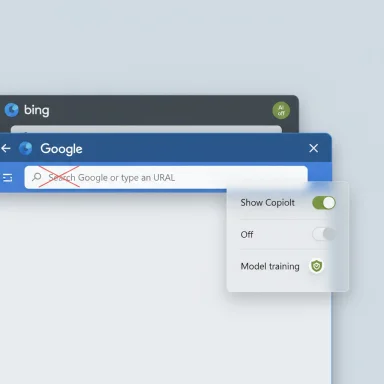 Overlapping browser windows show Google search bar with a floating “Show Copilot” panel.