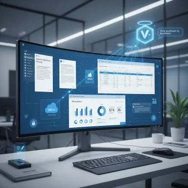 Futuristic workspace with a curved monitor displaying data dashboards and a holographic UI.
