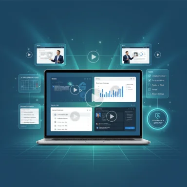 A futuristic laptop displaying a holographic learning dashboard with data visuals.