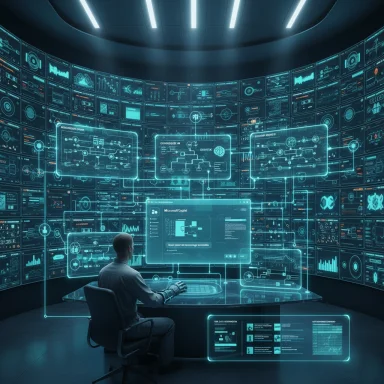 Person seated at a circular desk in a futuristic control room with glowing holographic screens.