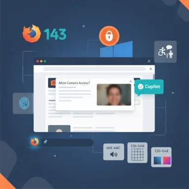 A futuristic Firefox UI concept with a camera-access prompt and security icons.
