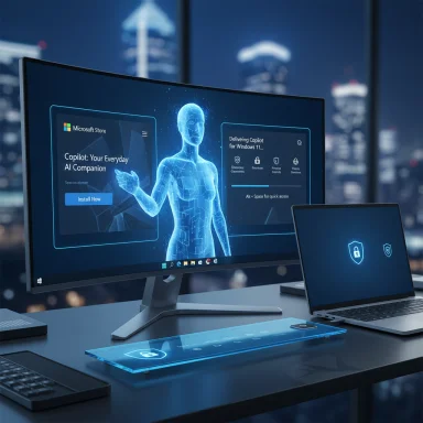 Futuristic workstation with a holographic AI assistant on a large monitor and a security-themed laptop.
