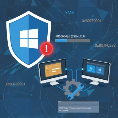 Cybersecurity illustration featuring a Windows shield, a red warning badge, and two monitors connected by gears.