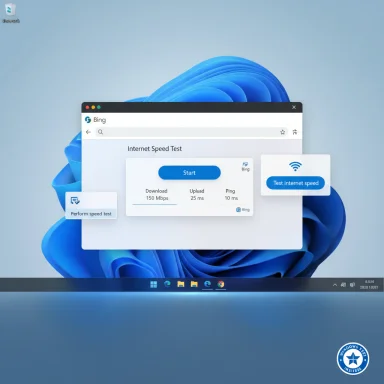 Windows 11 desktop showing a Bing Internet Speed Test window floating over the blue wallpaper.