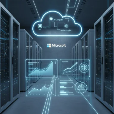 Futuristic data center with glowing holographic dashboards and a Microsoft cloud.