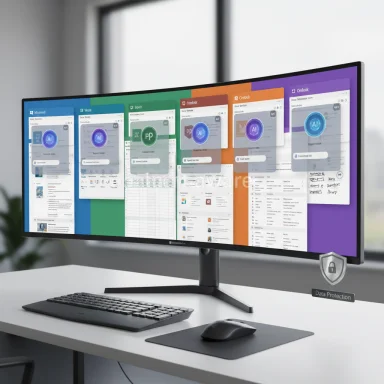 Curved ultrawide monitor on a desk, displaying colorful app windows with a keyboard and mouse.