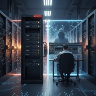 Programmer sits at a server-room desk, monitoring screens as a hooded hacker looms through a neon digital barrier.