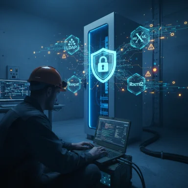 Tech worker in a data center uses a laptop as holographic security shields overlay a server rack.