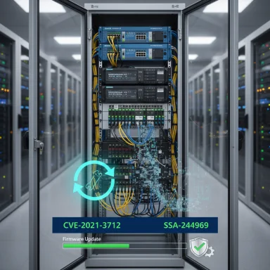 Data center server rack undergoing firmware update with vulnerability overlay.