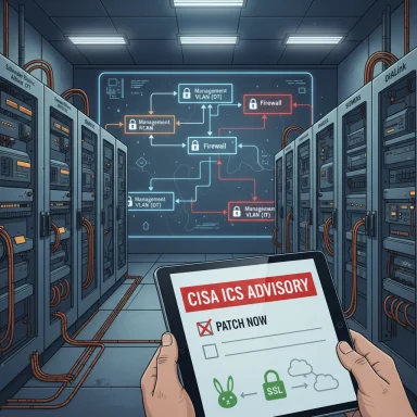 Data center with server racks and an illuminated network diagram; a tablet displays a CISA ICS Advisory to patch now.