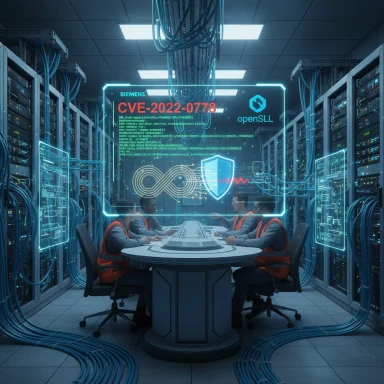 Team of engineers in a data center review a holographic display about CVE-2022-0778.