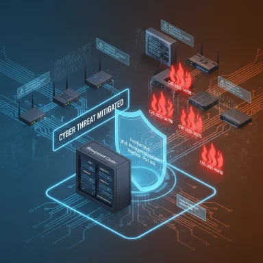 Cyber defense illustration: a shielded network mitigates threats (CVE) around servers.