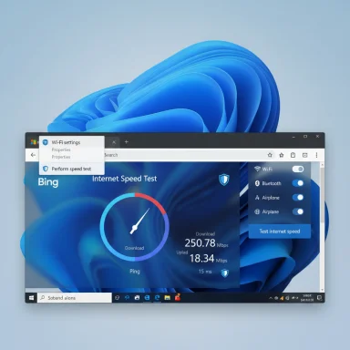 Windows desktop displaying an Internet Speed Test: 250.78 Mbps download on a blue abstract background.