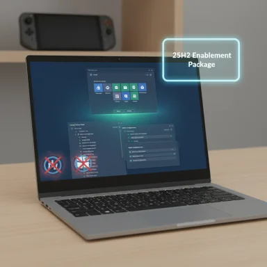 A laptop on a wooden desk with a neon-glow label reading '25H2 Enablement Package.'