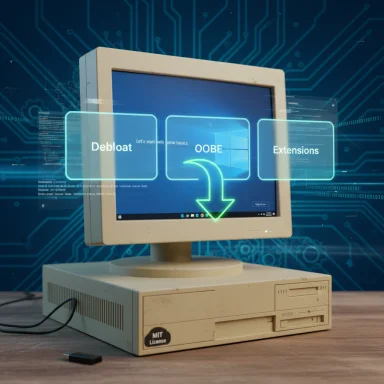 Retro computer with a holographic UI showing Debloat, OOBE, and Extensions.