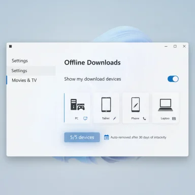 Settings window showing Offline Downloads with devices (PC, Tablet, Phone, Laptop) and a 5/5 status.