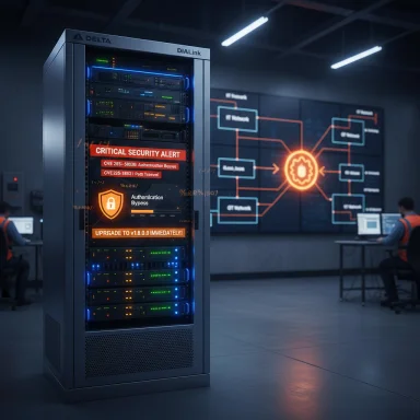 A data center with a server rack displaying a CRITICAL SECURITY ALERT and glowing network diagrams.