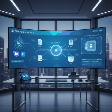 A futuristic office with a curved blue CBIZ Vertical Vector AI dashboard on a large display.